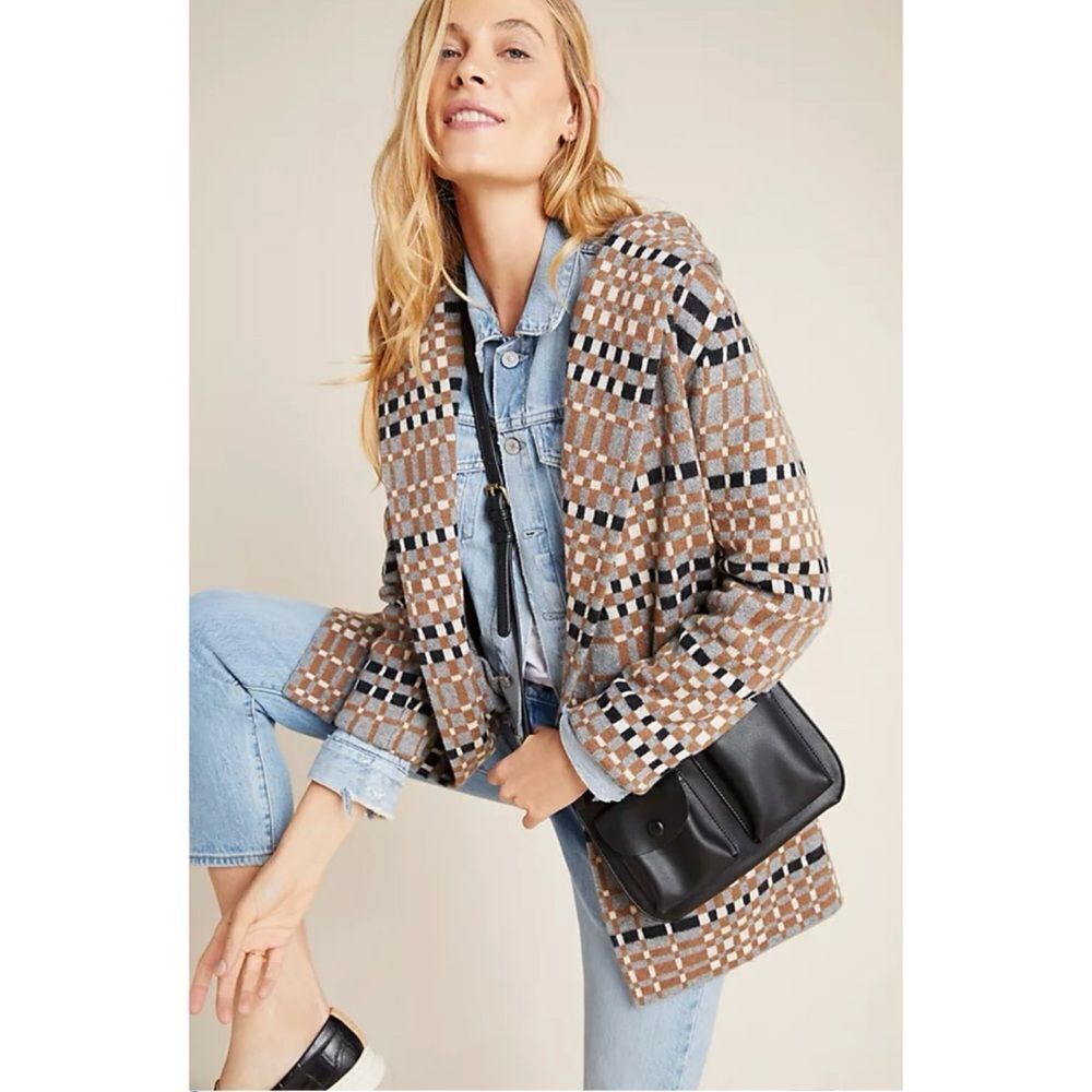 Anthropologie Field Flower Josefa Plaid Wool Sweater Coat with Hood Size S